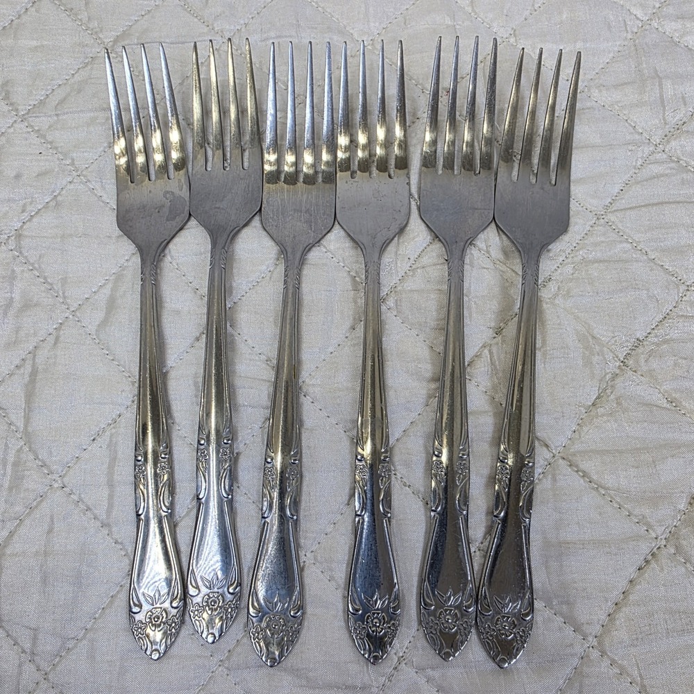 Customcraft CUS2 Dinner Forks 7 1/8" Stainless Lot of 6 Floral Scroll Design